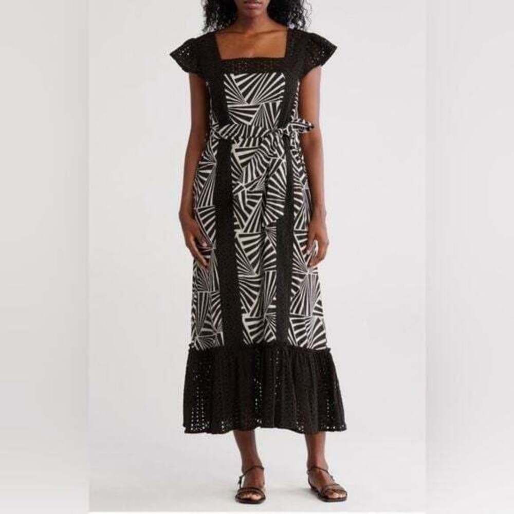 Maisie Embroidered Chic Black and White Geometric Maxi Dress Sz XS